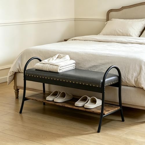 forteek 39.4" shoe bench with shelf, industrial faux, front angle view