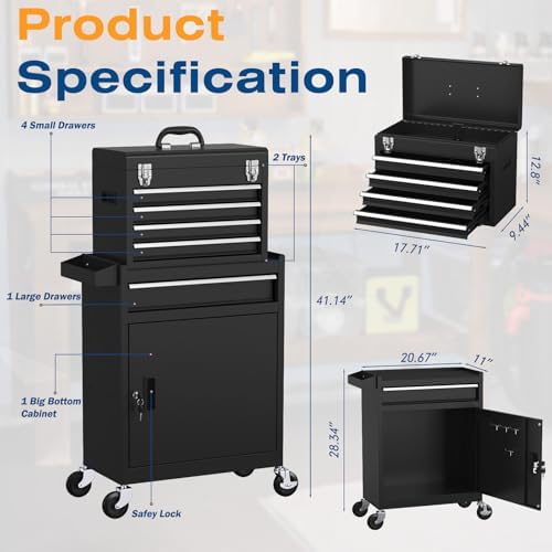 5-drawers tool chest, 2-in-1 rolling tool box with, close-up detail