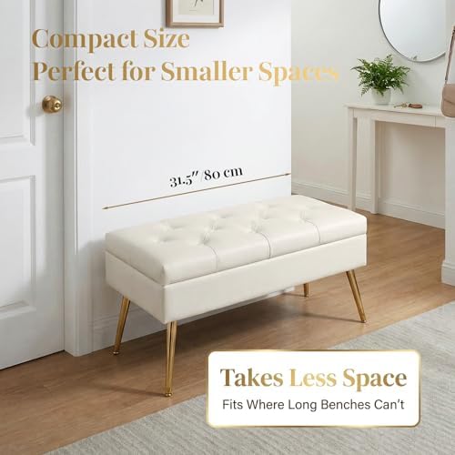 snowdrop 31.5" storage bench – white upholstered end showing dimensions