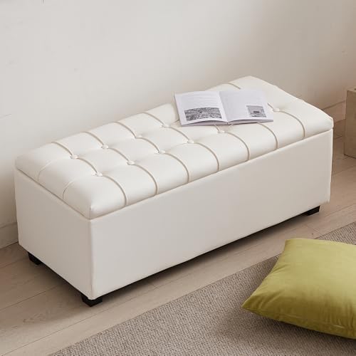 38" white faux leather ottoman storage bench with, front angle view