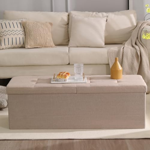 storage ottoman bench foldable footrest foot stool, 45" shown in use