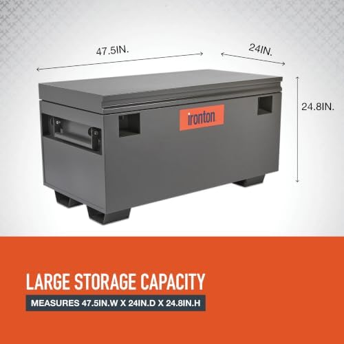 ironton 47.5in. jobsite box, gray, carbon steel showing dimensions