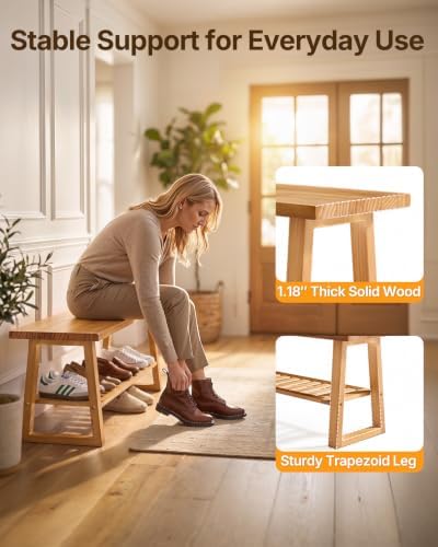 amada 43" pine wood entryway bench with shoe showing dimensions
