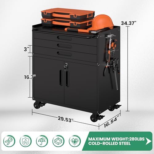 garage storage cabinet, metal rolling tool cabinet with, close-up detail