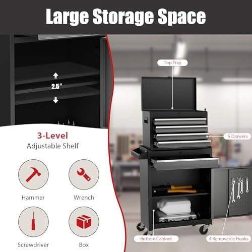 rolling tool chest, 5-drawer tool storage cabinet with showing dimensions