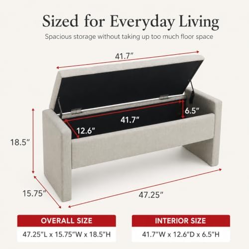 47.25 inch storage ottoman bench, linen upholstered, light shown in use