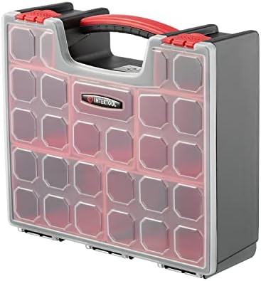 intertool hardware organizer with 7 deep removable bins on a desk or shelf