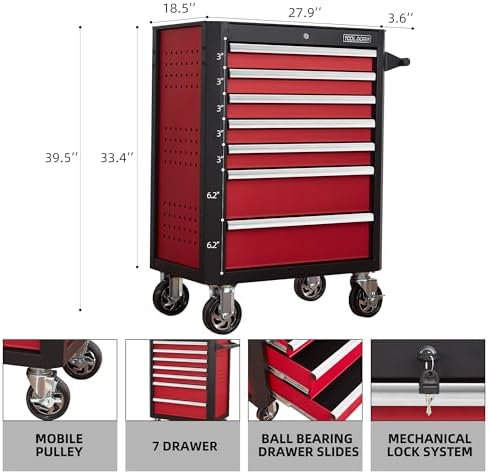 upgrade 7-drawer rolling tool chest with locking wheels, close-up detail