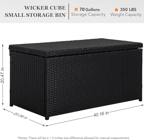 sundale 70 gallon black rattan deck storage box shown in use