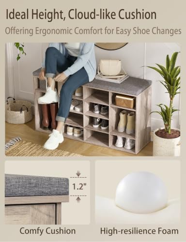 dinzi lvj shoe storage bench with cushion, 16-cubby, view 9