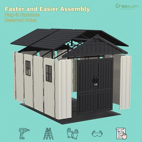 greesum 8x12ft plastic outdoor storage shed with floor, side view