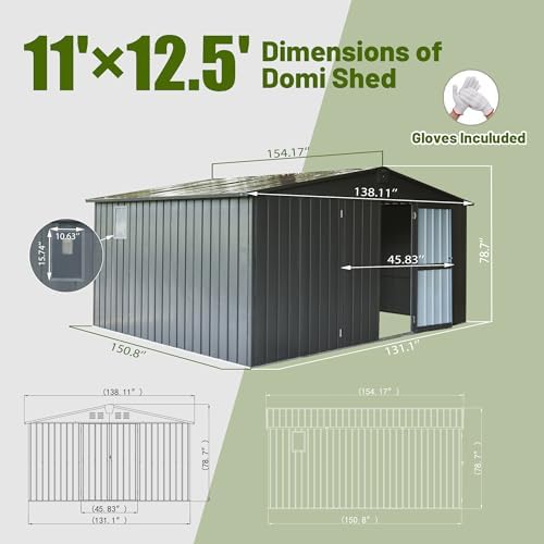 domi outdoor storage shed 11'x12.5', metal sheds storage on a desk or shelf