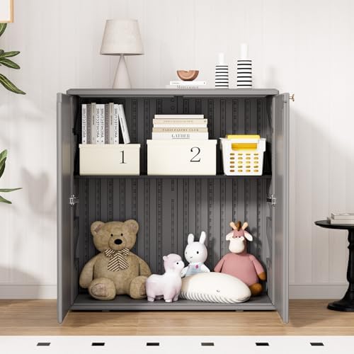 homspark indoor/outdoor storage cabinet with doors and shelf showing dimensions