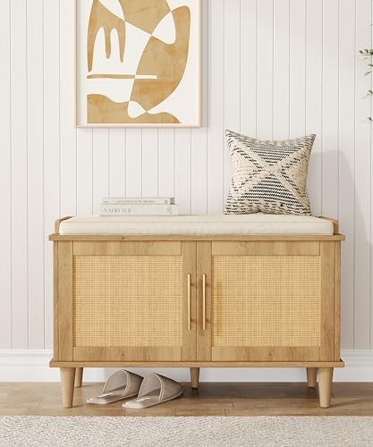 akxomel 31.5" rattan shoe storage bench 2 doors shown in use