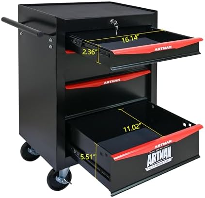 4-drawer rolling tool chest, lockable for garage,black, side view