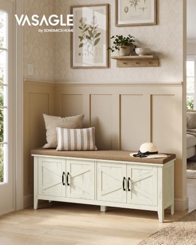 vasagle shoe bench, farmhouse entryway bench with cushion, close-up detail