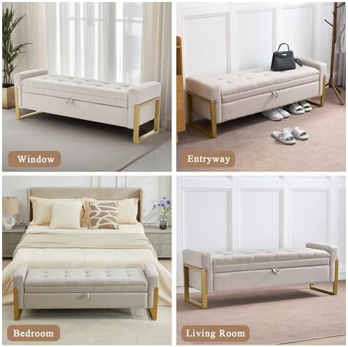 57" storage ottoman bench，upholstered linen end of bed on a desk or shelf