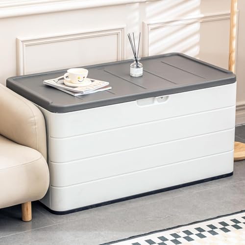 outdoor storage box waterproof, 100 gallon lockable resin shown in use