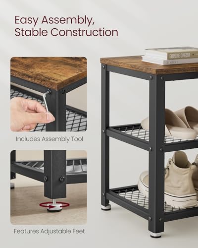 vasagle 3-tier shoe rack, storage bench with metal showing dimensions