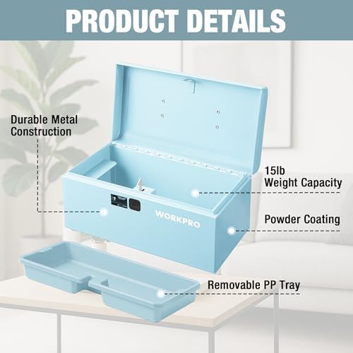 workpro 10.8" mini metal tool box with removable showing dimensions