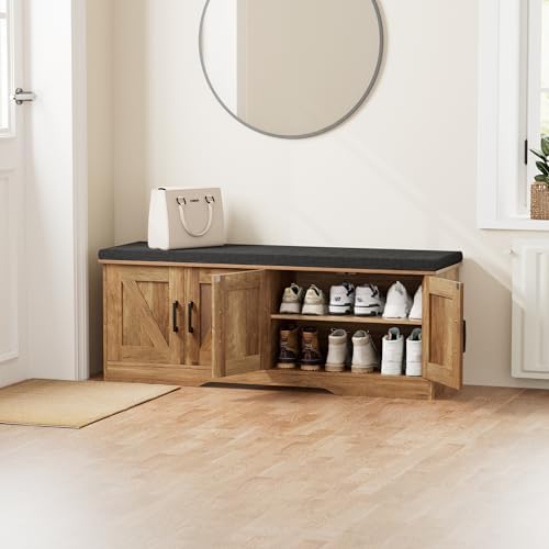 homsho farmhouse shoe storage bench with 4 barn shown in use