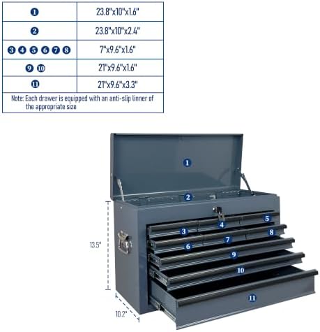 9 drawers metal tool box, 24" portable steel, side view
