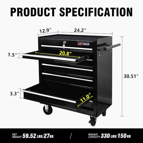 7 drawers rolling tool cart on wheels, multifunctional, side view