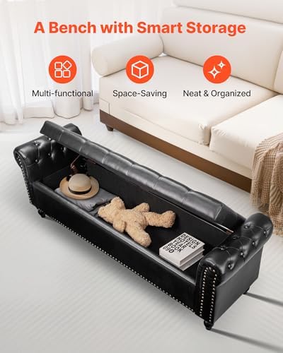 vevor button-tufted storage ottoman bench, rolled arm pu showing dimensions