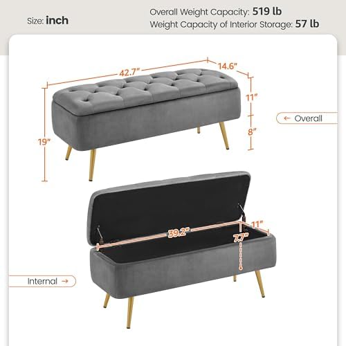 yaheetech storage ottoman bench for bedroom, velvet end, close-up detail