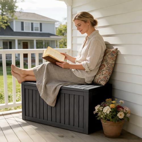 lubannese outdoor storage box, waterproof deck box, outdoor, front angle view