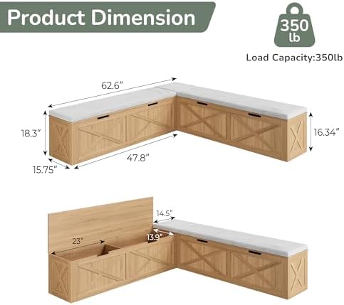 bobve l-shape storage bench with cushion, backless corner, close-up detail