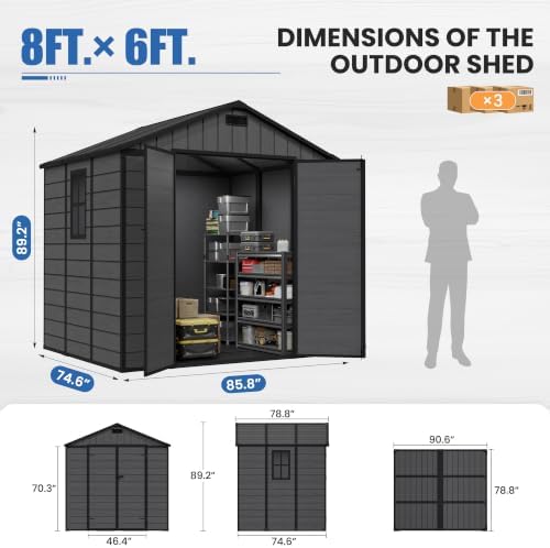 amopatio 8x6 ft resin shed, outdoor storage shed shown in use
