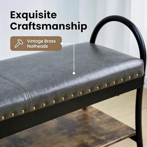 forteek 39.4" shoe bench with shelf, industrial faux showing dimensions