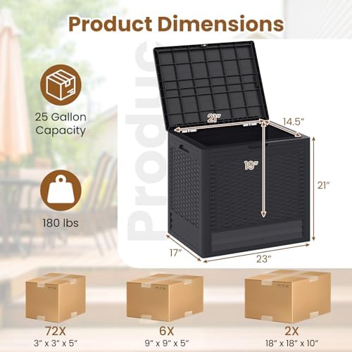 tangkula 25 gallon waterproof outdoor storage box with showing dimensions