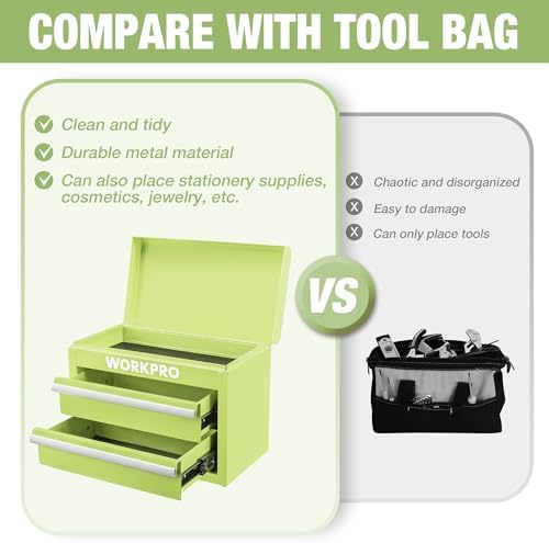 workpro metal mini tool box with 2 drawers showing dimensions