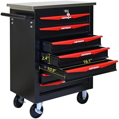 7 drawers rolling tool chest with wheels, stainless, close-up detail