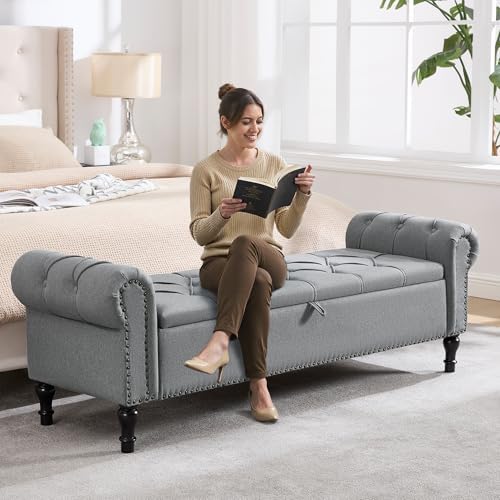 67 inch storage bench for bedroom, linen end showing dimensions
