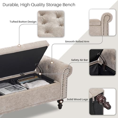 softhion 67" storage bench for bedroom, chenille upholstered, side view