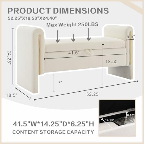 52" upholstered storage bench, white, armrests, wood frame shown in use