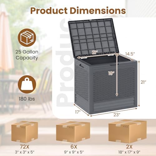 tangkula 25 gallon waterproof outdoor storage box with showing dimensions