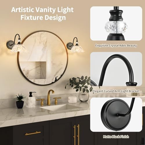 1 Piece Black Wall Sconce with Floral Clear Glass Shade, Black Farmhouse Wall Mount Lighting for Bathroom,Vintage Bathroom Vanity Light Fixture