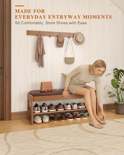 shoe rack bench with hidden storage, 2‑tier solid showing dimensions