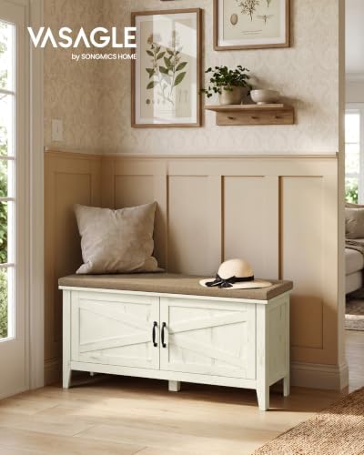 vasagle shoe bench, farmhouse entryway bench with cushion，39.4, close-up detail