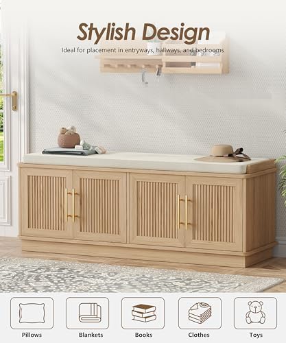 akxomel 47.2" fluted shoe storage bench 4 doors, side view