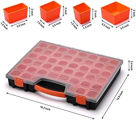 multi-purpose toolbox, professional organizer with 22 bin compartments, close-up detail
