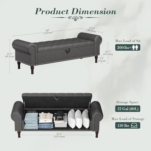 apicizon 60” bench with storage, upholstered tufted button shown in use