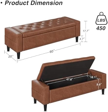 60" storage ottoman bench, faux leather upholstered bed shown in use