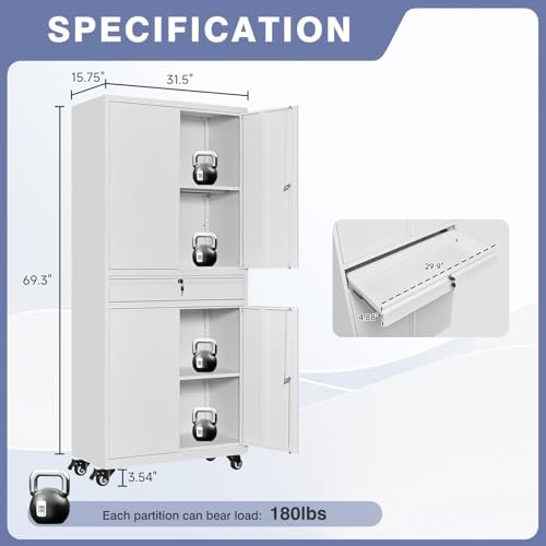 73" metal garage storage cabinet with wheels， rolling, close-up detail