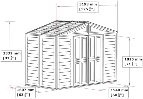 duramax 00283 woodbridge storage shed, off white showing dimensions