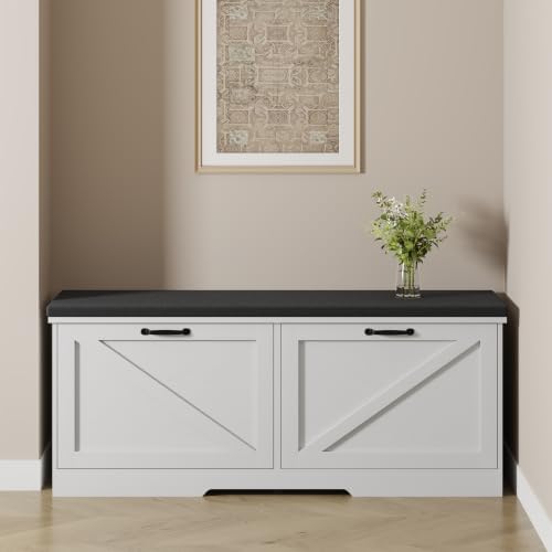 farmhouse shoe storage bench with seat cushion & showing dimensions